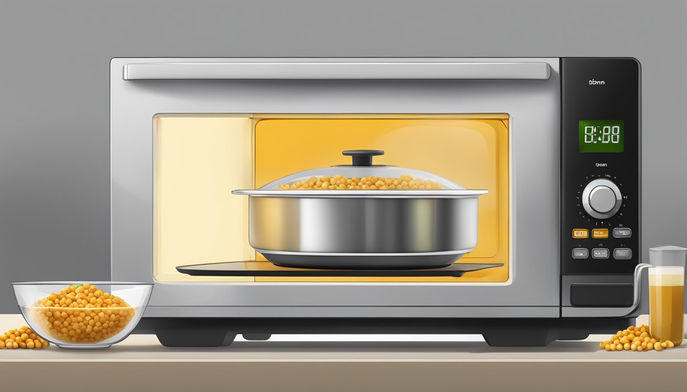 A bowl of chickpea curry sits inside a microwave, with the microwave door closed and the timer set