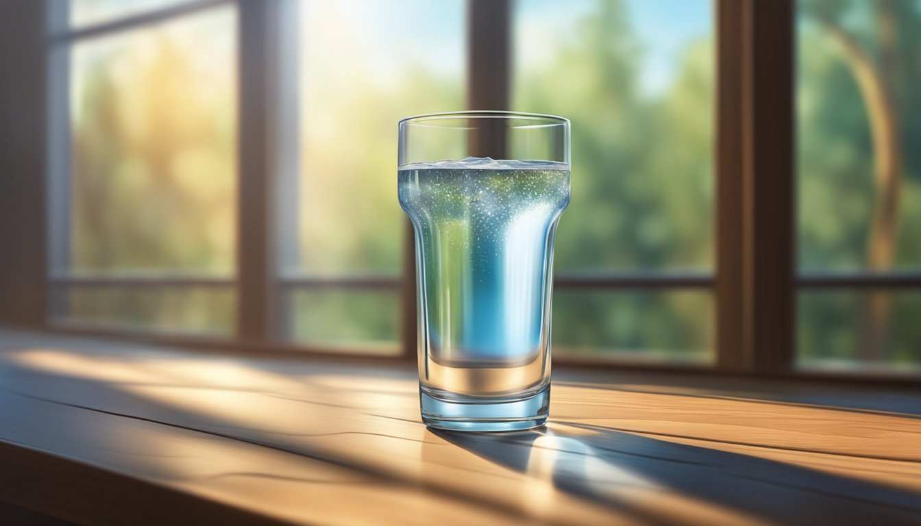 A clear glass of water sits on a wooden table, surrounded by a soft glow of natural light filtering through a window