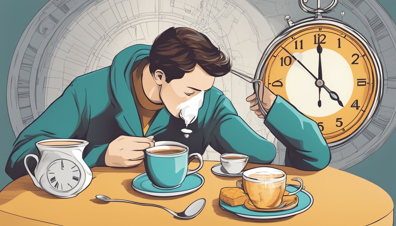 A person sipping on a cup of tea with sugar, surrounded by a clock indicating the passage of time and a diagram showing the process of fasting and consumption