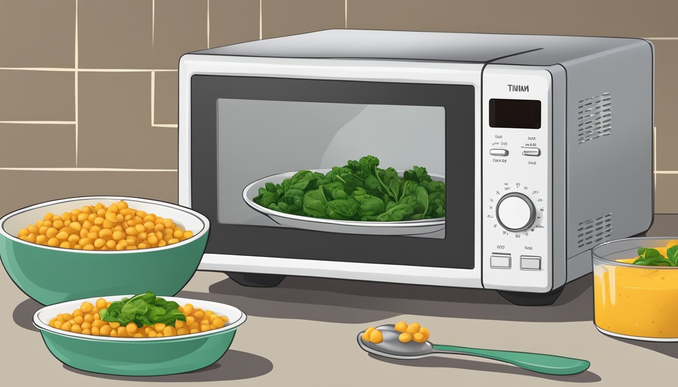 A microwave with a bowl of chickpea and spinach curry covered with a vented lid, a spoon resting on the side, and a timer set for reheating