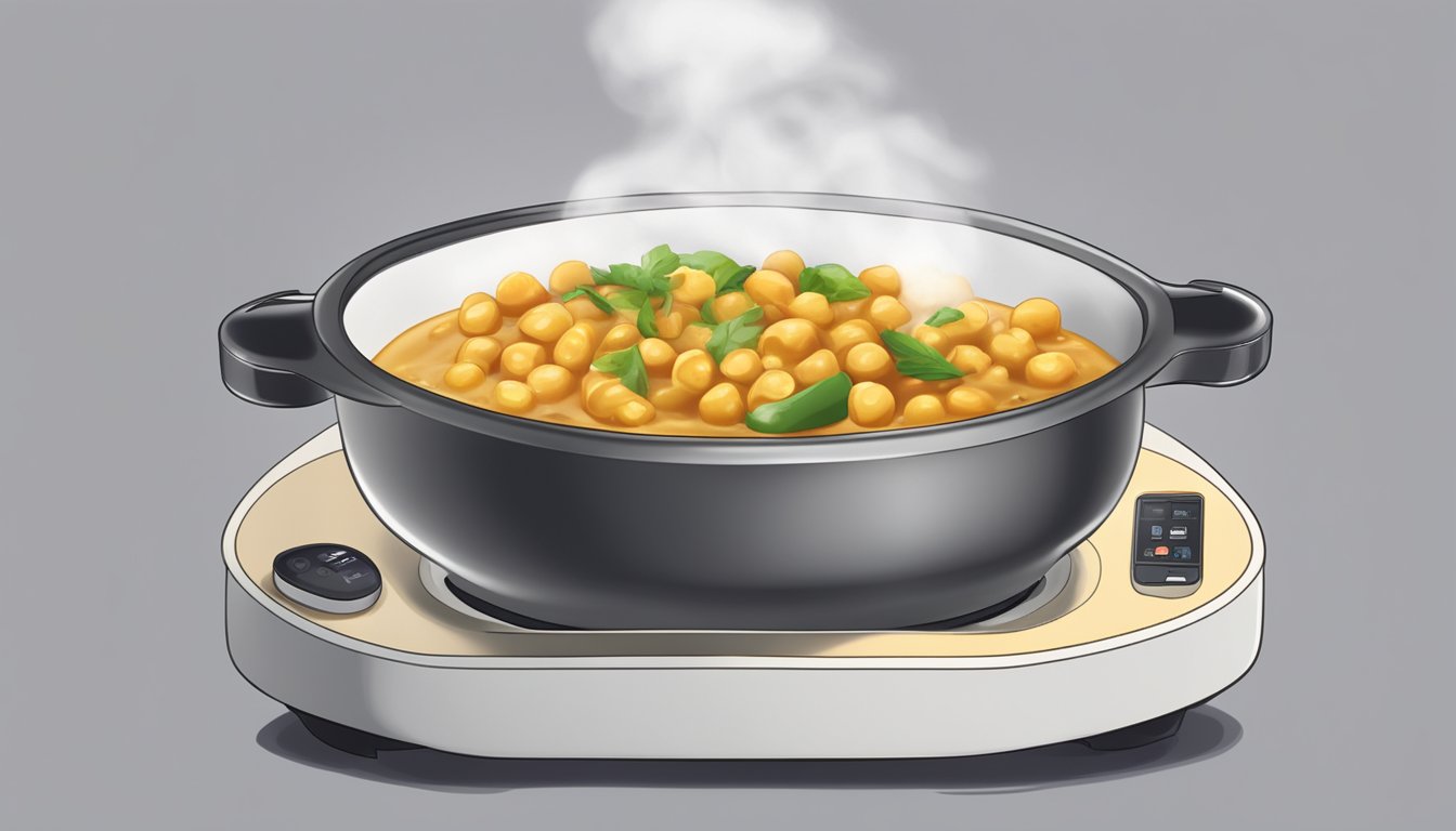 A bowl of chickpea curry being heated in a microwave, steam rising from the dish, with a spoon resting on the side