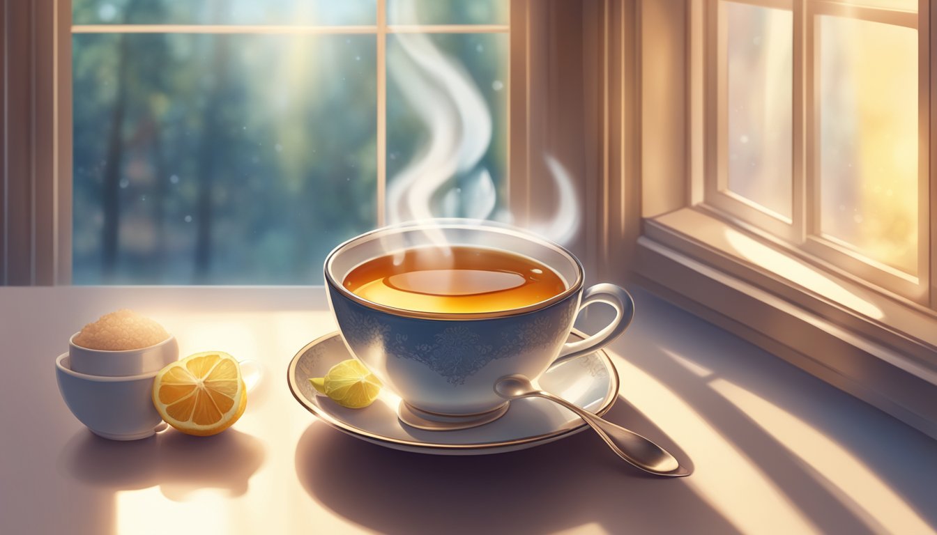 A steaming cup of tea with a spoonful of sugar sits on a table, surrounded by the soft glow of morning light filtering through a window