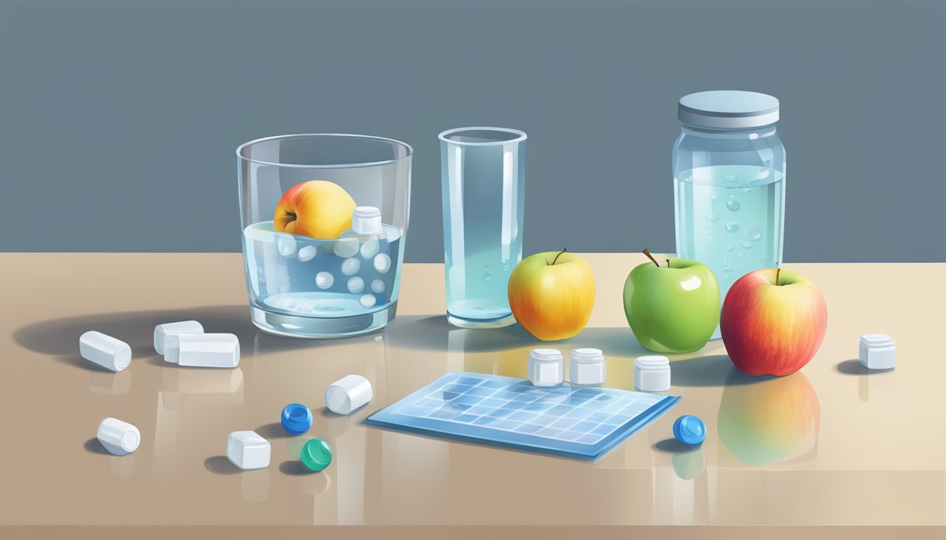 A clear glass of water sitting on a table next to a timer, with a partially eaten apple and a small pile of pills