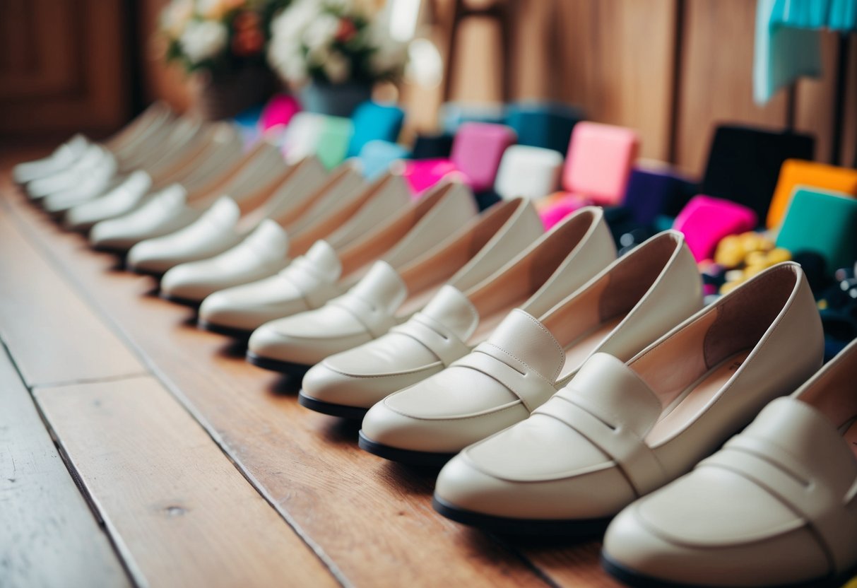 A row of neutral-colored shoes lined up neatly on a wooden floor, surrounded by various colorful accessories