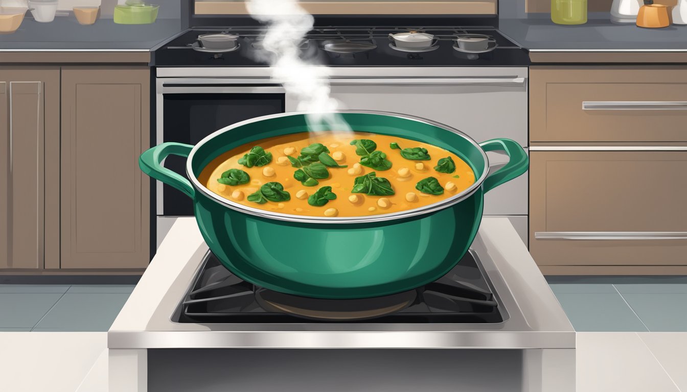 A steaming bowl of chickpea and spinach curry sits on a stove, the rich aroma wafting through the kitchen as it is gently reheated