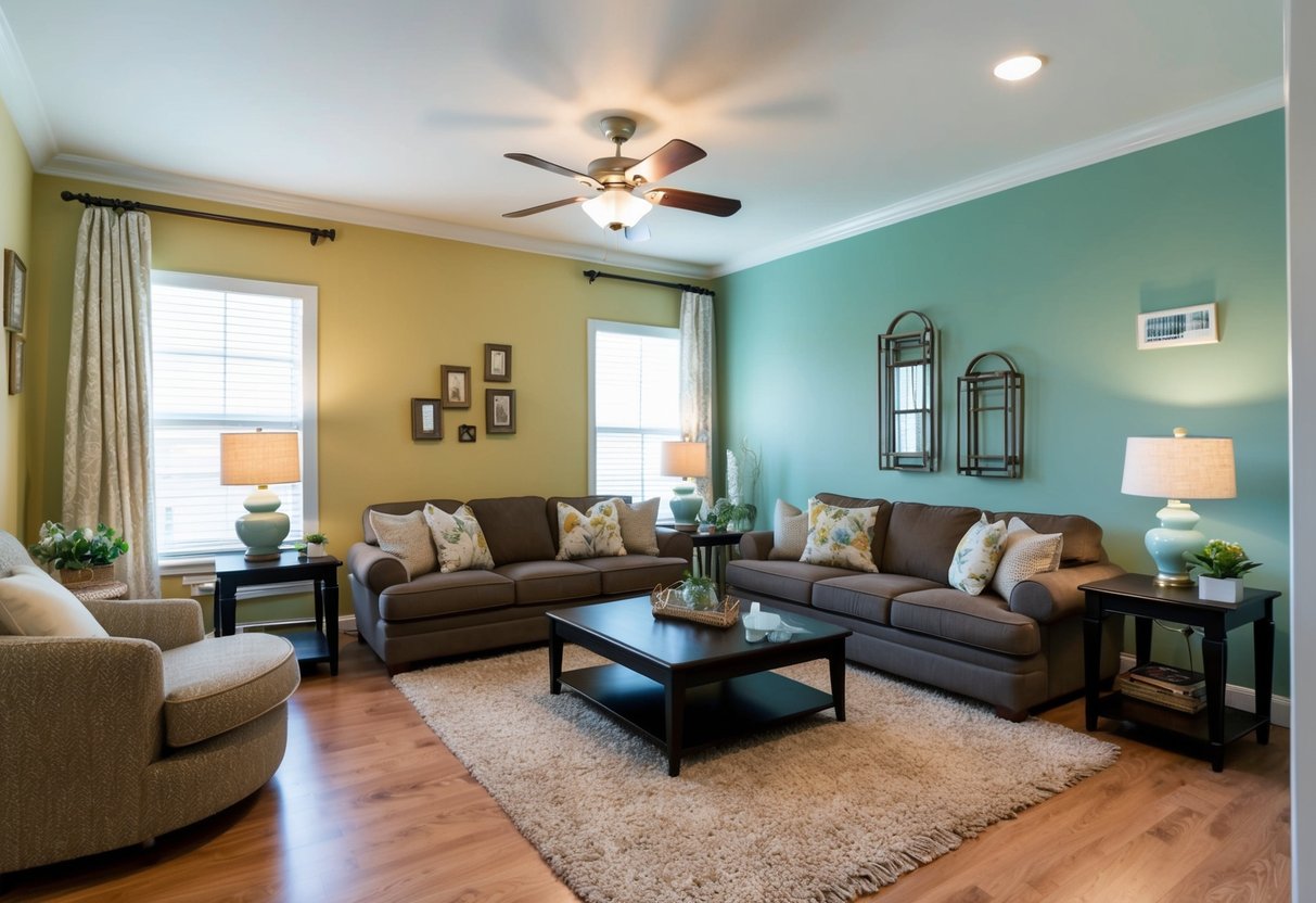 A cozy living room with neatly arranged furniture, freshly painted walls, and strategically placed decorative accents. A few minor repairs are being addressed, giving the space a well-maintained and inviting feel