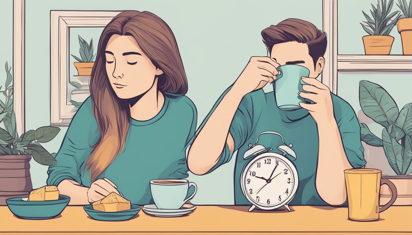 A person sipping tea with sugar while looking at a clock during intermittent fasting