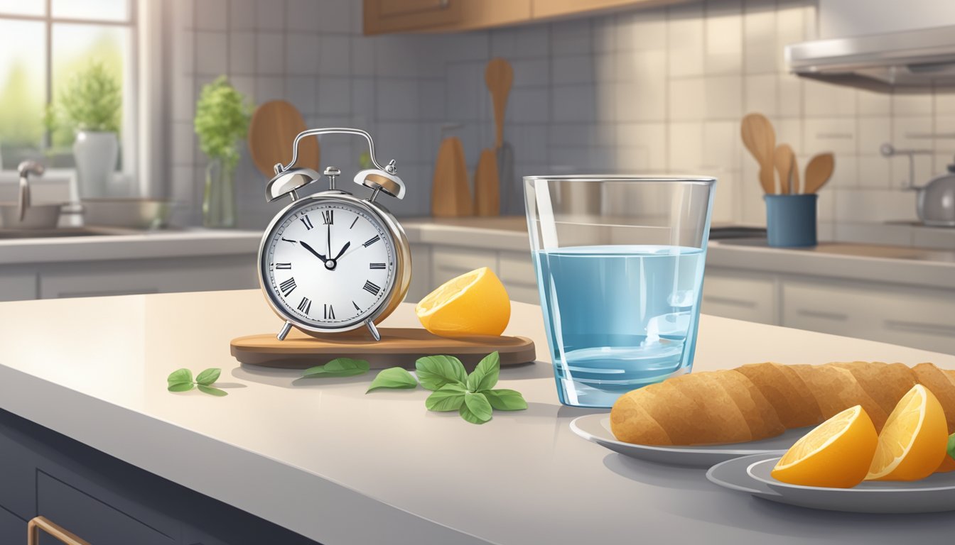 A serene kitchen counter with a glass of water and a clock showing the time during a period of fasting