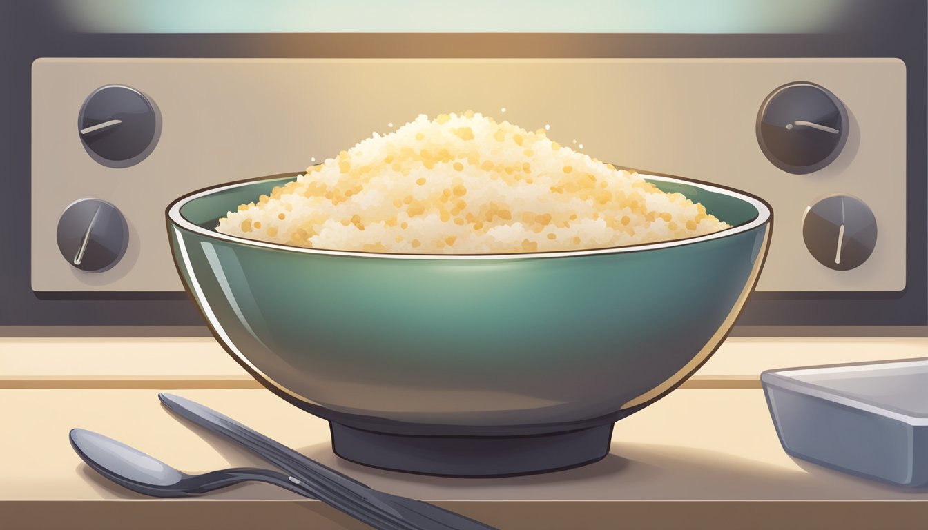 A bowl of coconut rice pudding being heated in a microwave