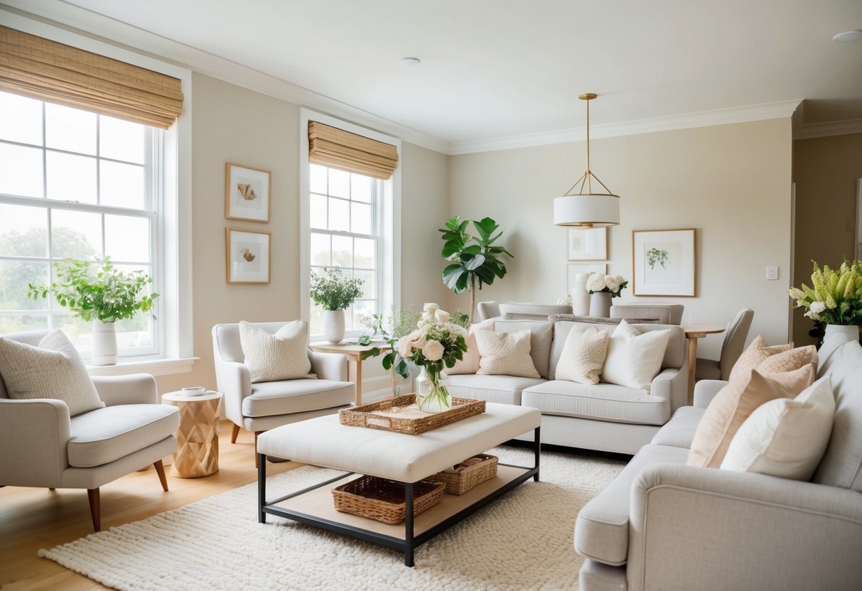 A cozy living room with decluttered furniture, fresh flowers, and neutral decor. Bright, natural light streams in through the windows, creating a warm and inviting atmosphere