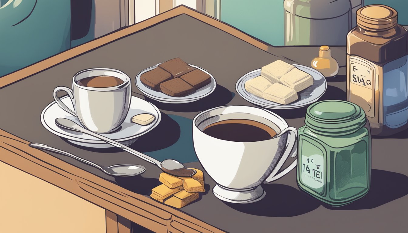 A steaming cup of tea with a spoonful of sugar sits on a table next to a bottle of supplements and additives, all surrounded by a clock indicating fasting hours