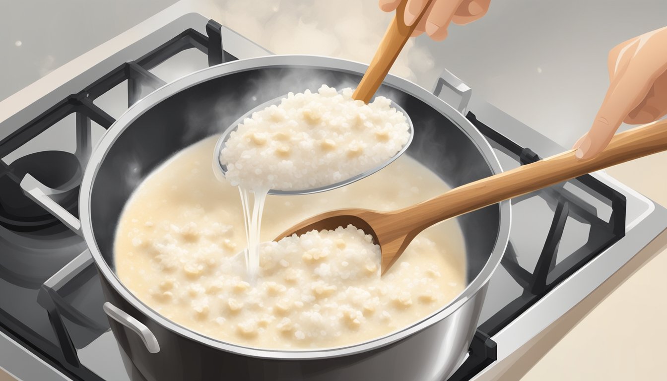 A pot of coconut rice pudding being gently reheated on a stovetop, with steam rising and a wooden spoon stirring the creamy mixture