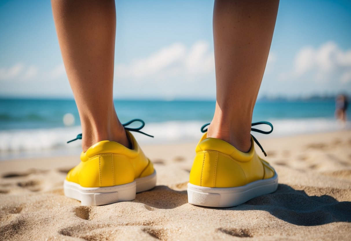 A bright yellow pair of shoes on a sunny beach