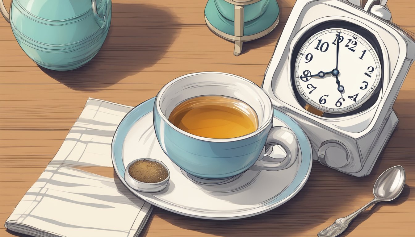 A steaming cup of tea with a dash of sugar sits on a table next to a clock showing the time during a period of intermittent fasting