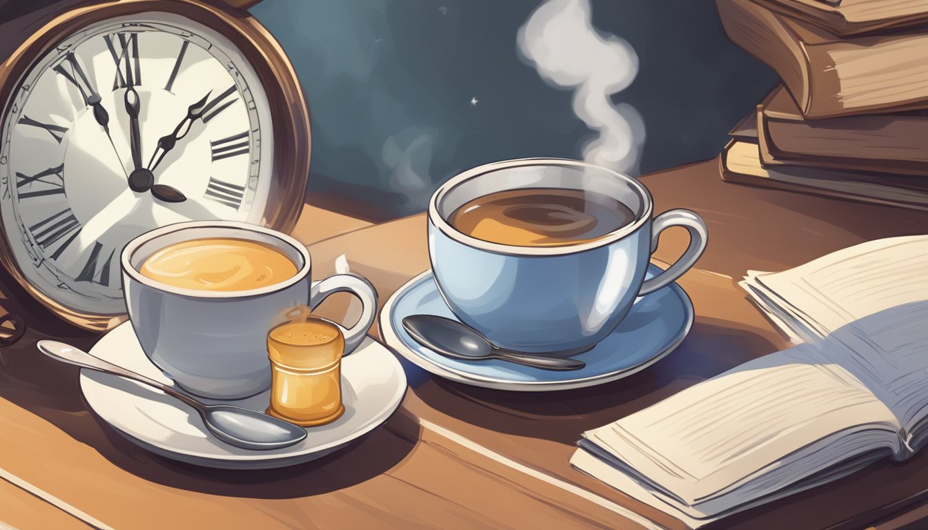 A steaming cup of tea with a spoonful of sugar sits on a table next to a ticking clock, surrounded by empty plates and a closed book