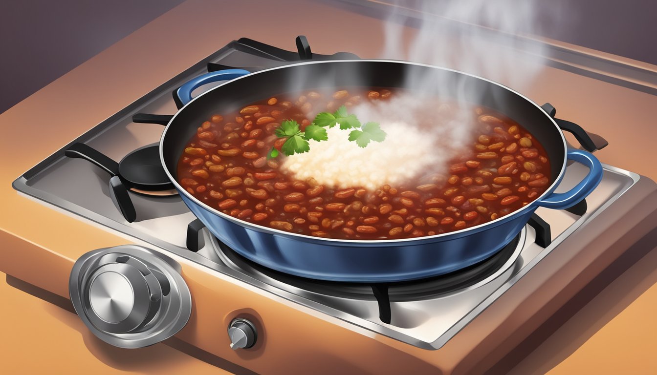 A pot of chili con carne simmering on a stovetop, steam rising from the bubbling mixture