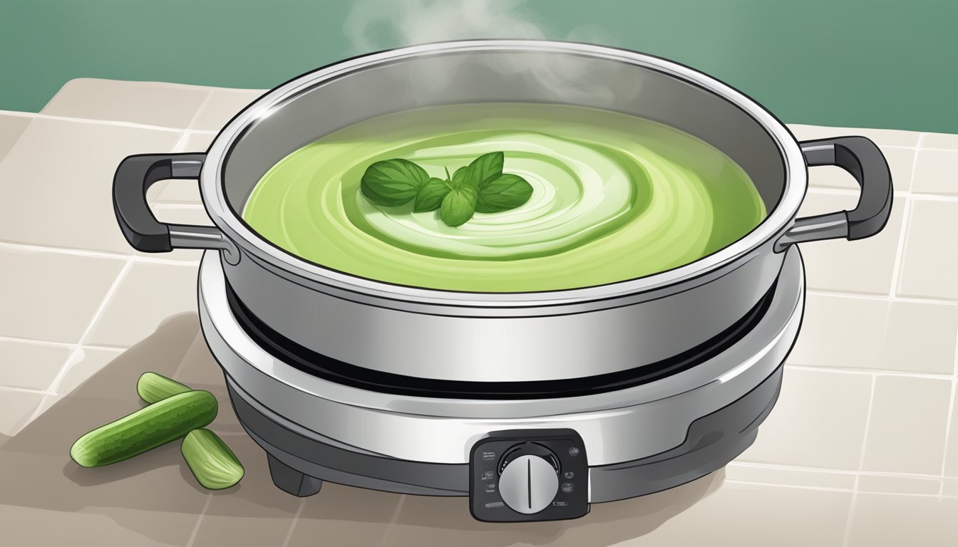 A pot of chilled cucumber soup being placed on a stovetop for reheating