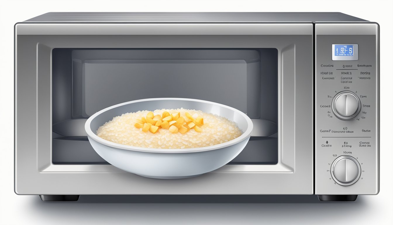 A bowl of coconut rice pudding being reheated in a microwave