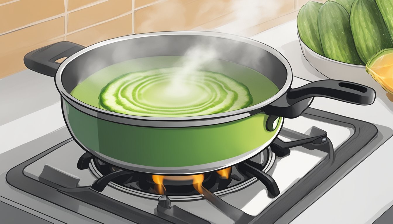 A pot of chilled cucumber soup being gently reheated on a stovetop, steam rising from the surface as it warms up