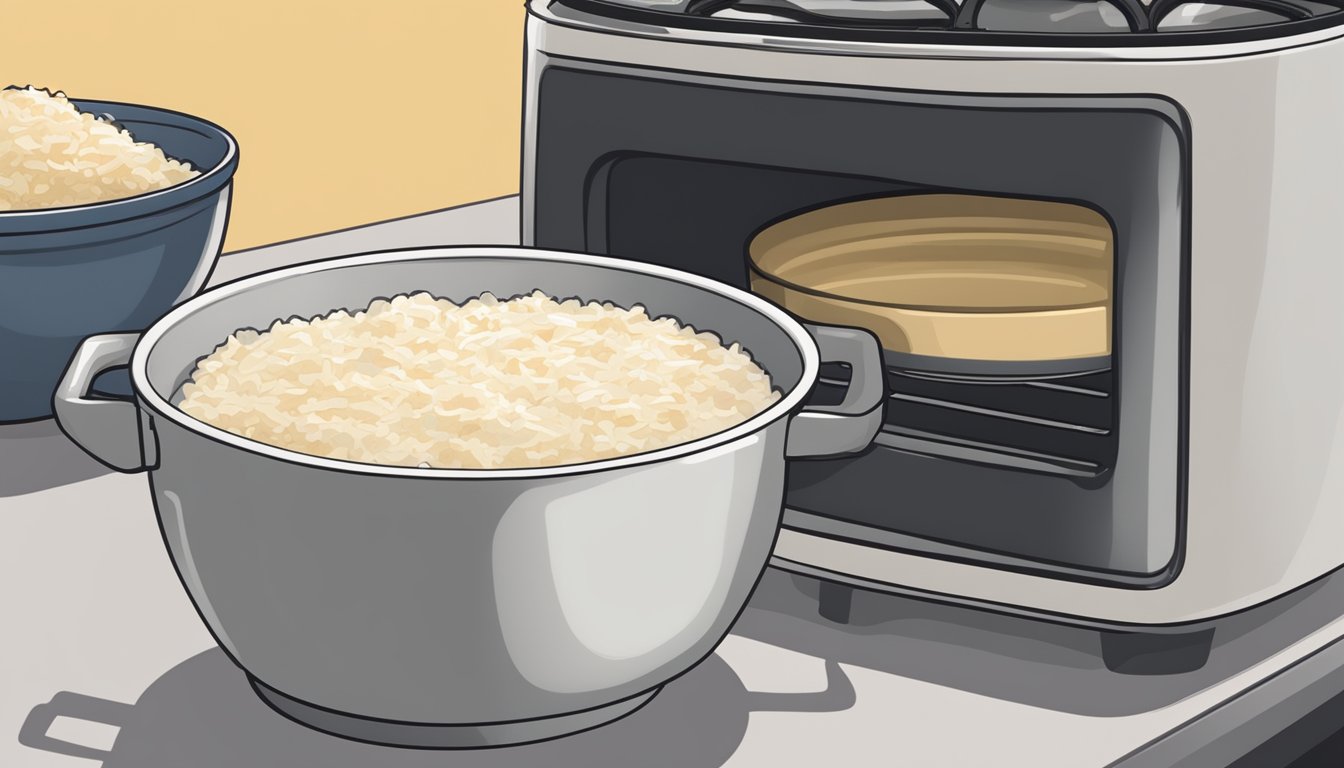 A bowl of coconut rice pudding sits next to a pot of traditional rice pudding on a stovetop. Steam rises from the pot as it reheats