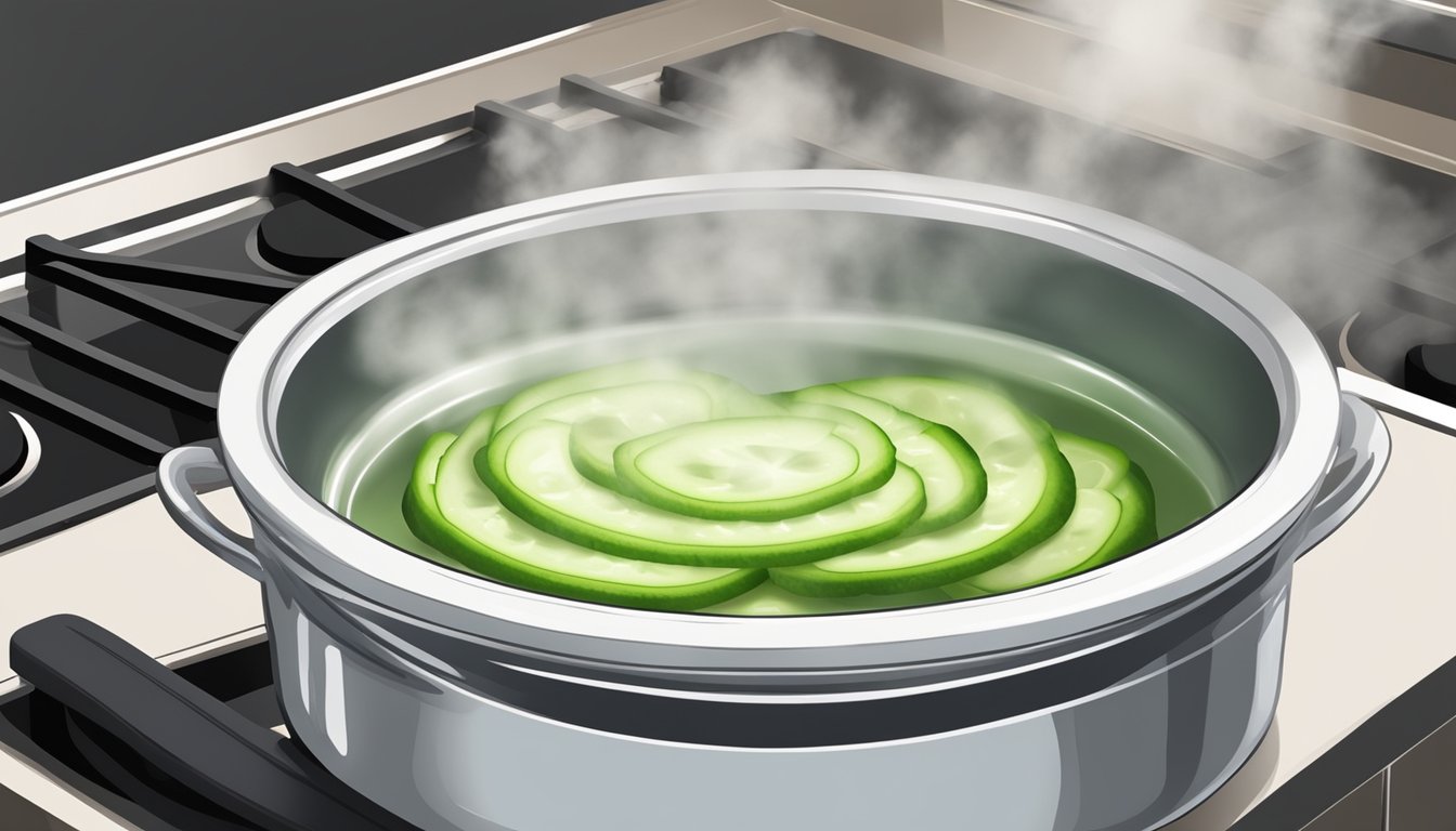 A bowl of chilled cucumber soup being heated in a pot on the stove, with steam rising from the surface