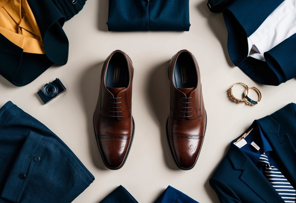 A pair of brown dress shoes placed on a neutral background, surrounded by various clothing items in different colors and styles