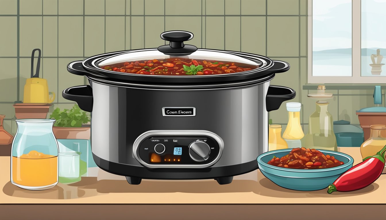 A slow cooker with a pot of chili con carne inside, surrounded by a water bath set up for reheating