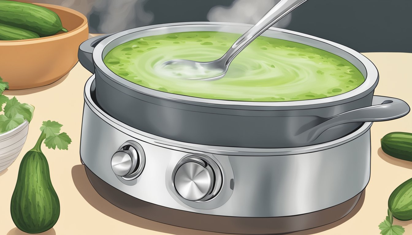 A bowl of chilled cucumber soup being gently reheated on a stovetop, with steam rising and a spoon resting on the side