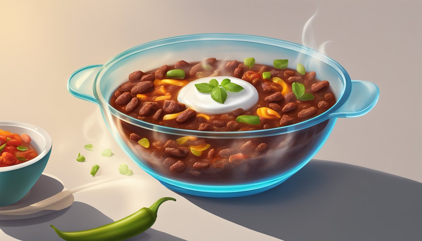 A bowl of chili con carne being microwaved in a glass dish, steam rising from the hot food as it heats up