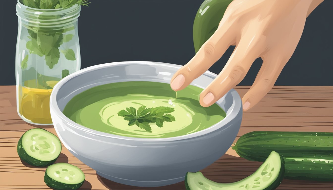 A hand reaching for a bowl of chilled cucumber soup, placed on a wooden table with a garnish of fresh herbs and a drizzle of olive oil