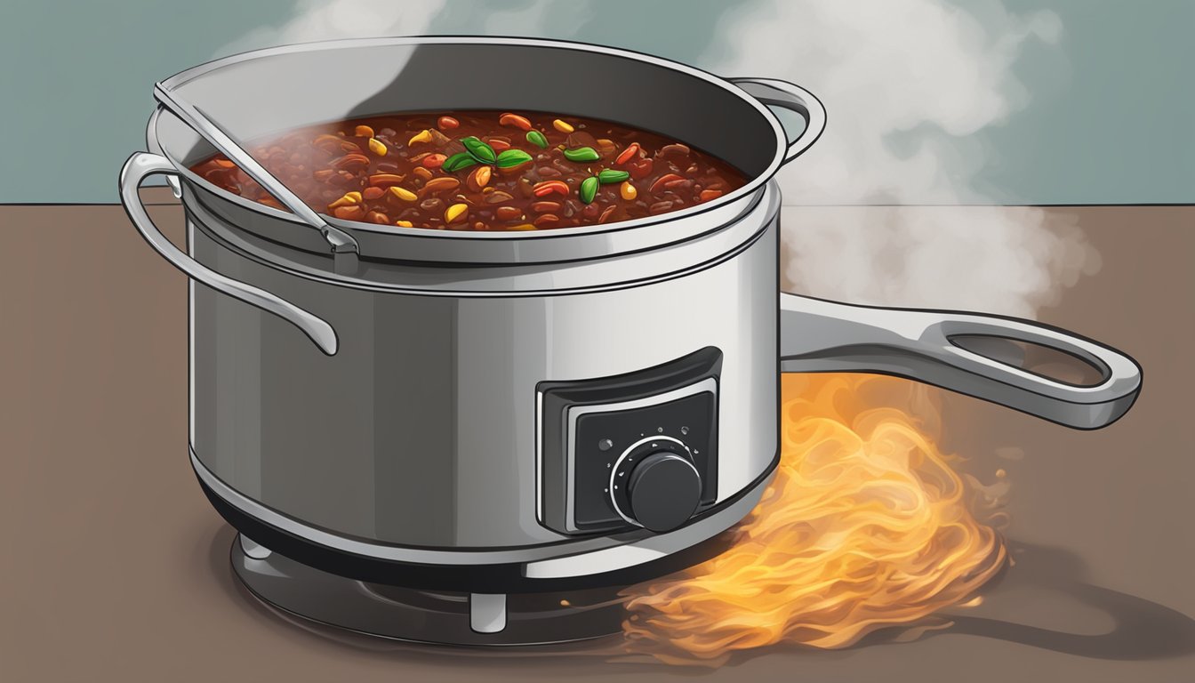 A pot of chili con carne simmering on a stovetop, with steam rising and a ladle resting on the edge