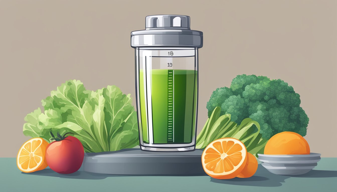 A glass of vegetable juice sits untouched next to a timer set for intermittent fasting