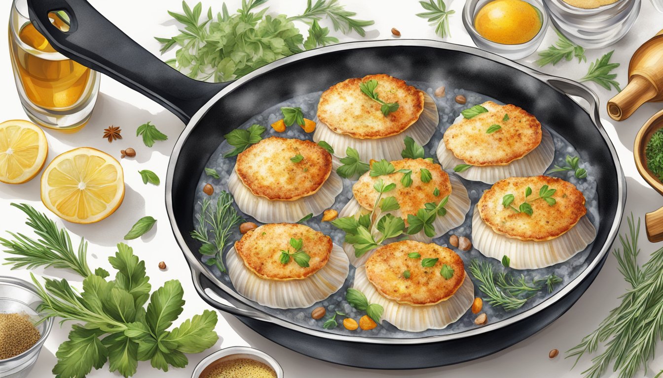 A steaming dish of Coquilles Saint-Jacques being gently reheated in a skillet, surrounded by vibrant herbs and spices