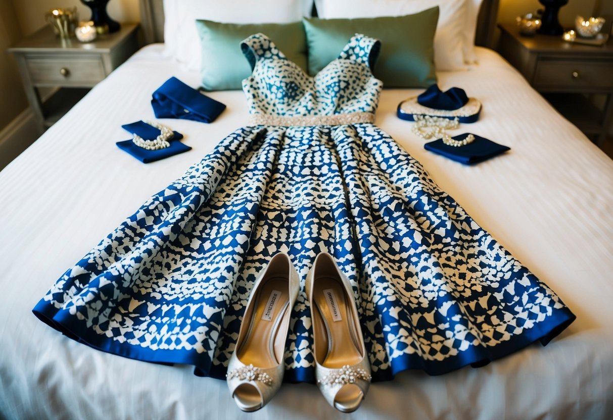 A patterned dress with white is laid out on a bed, surrounded by matching accessories and shoes, ready to be worn to a wedding