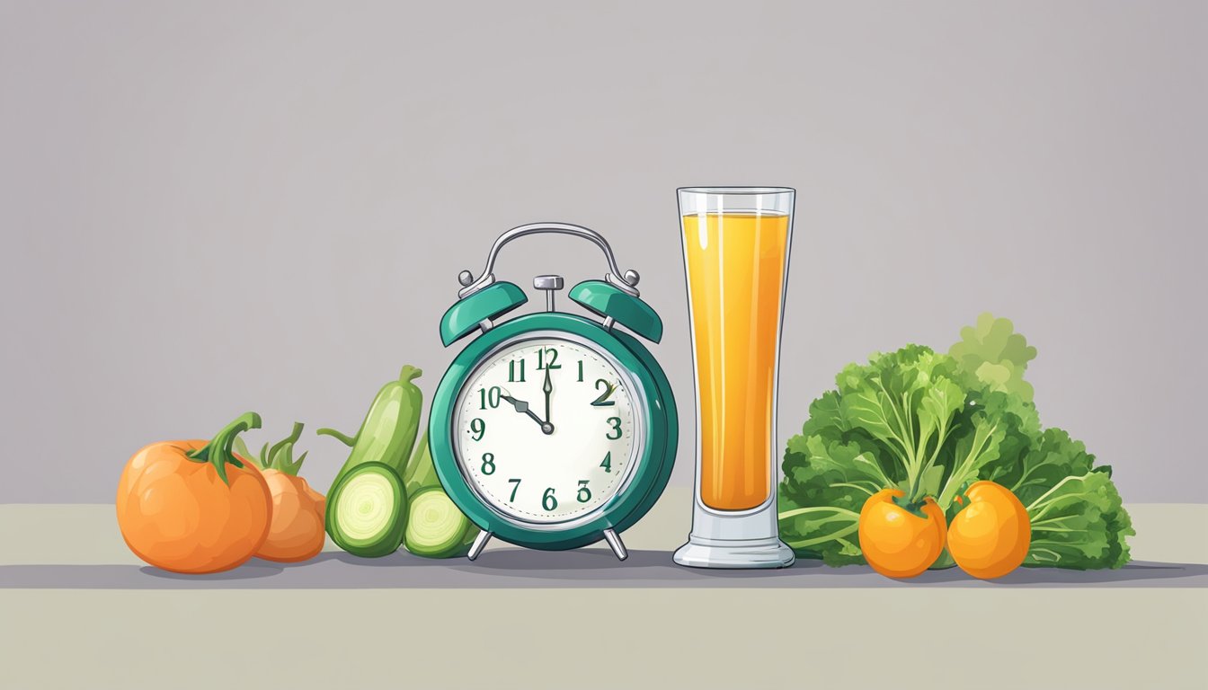 A glass of vegetable juice sits next to a clock showing a fasting window