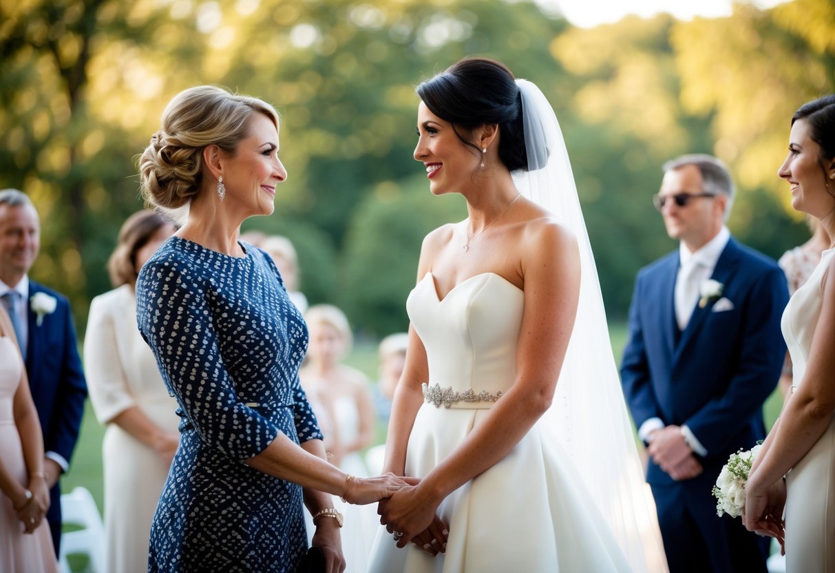 A woman in a patterned dress stands next to a bride in a white gown at a wedding