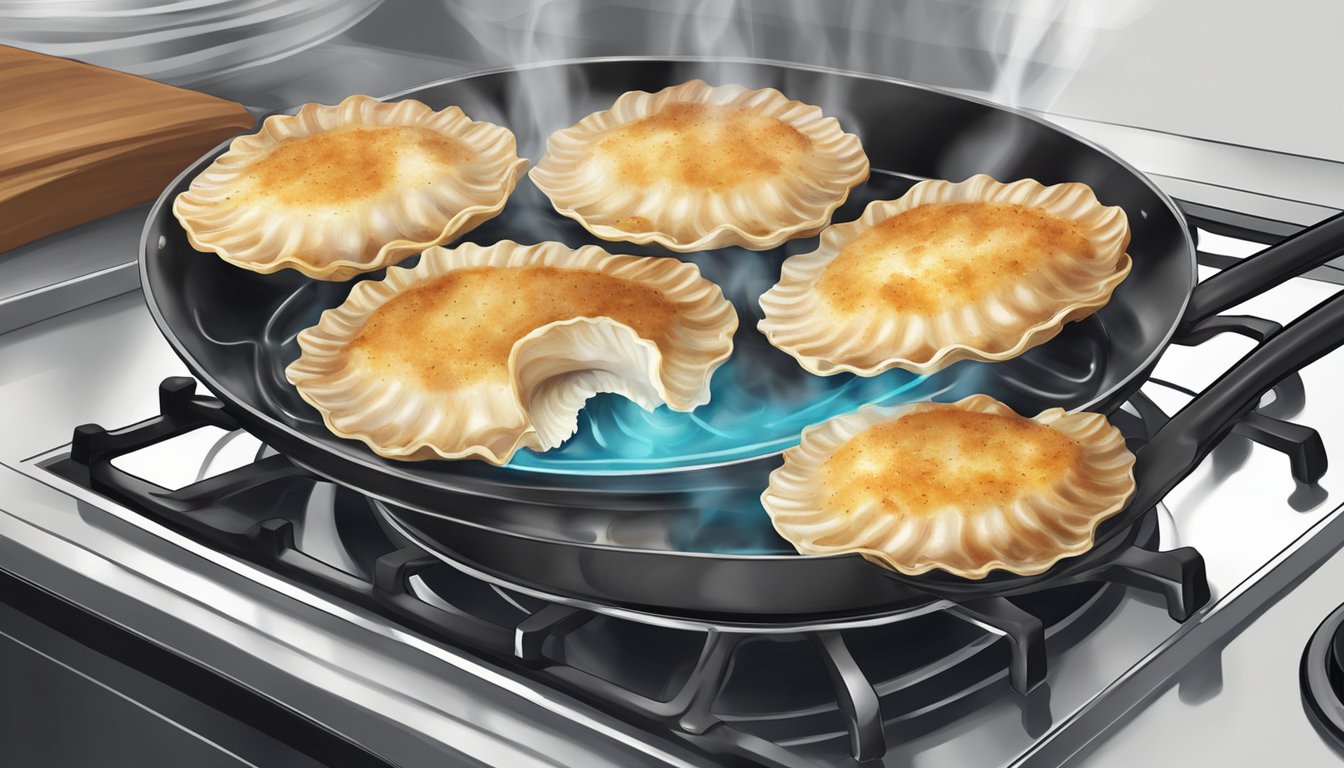 A pan with sizzling coquilles saint jacques being reheated on a stovetop