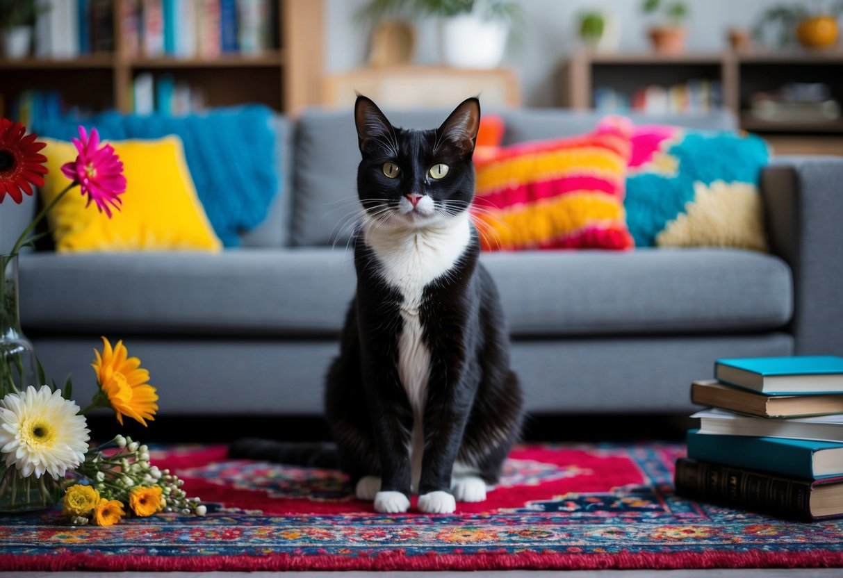 A black and white striped cat sitting on a gray sofa surrounded by various colorful objects like flowers, books, and a vibrant rug