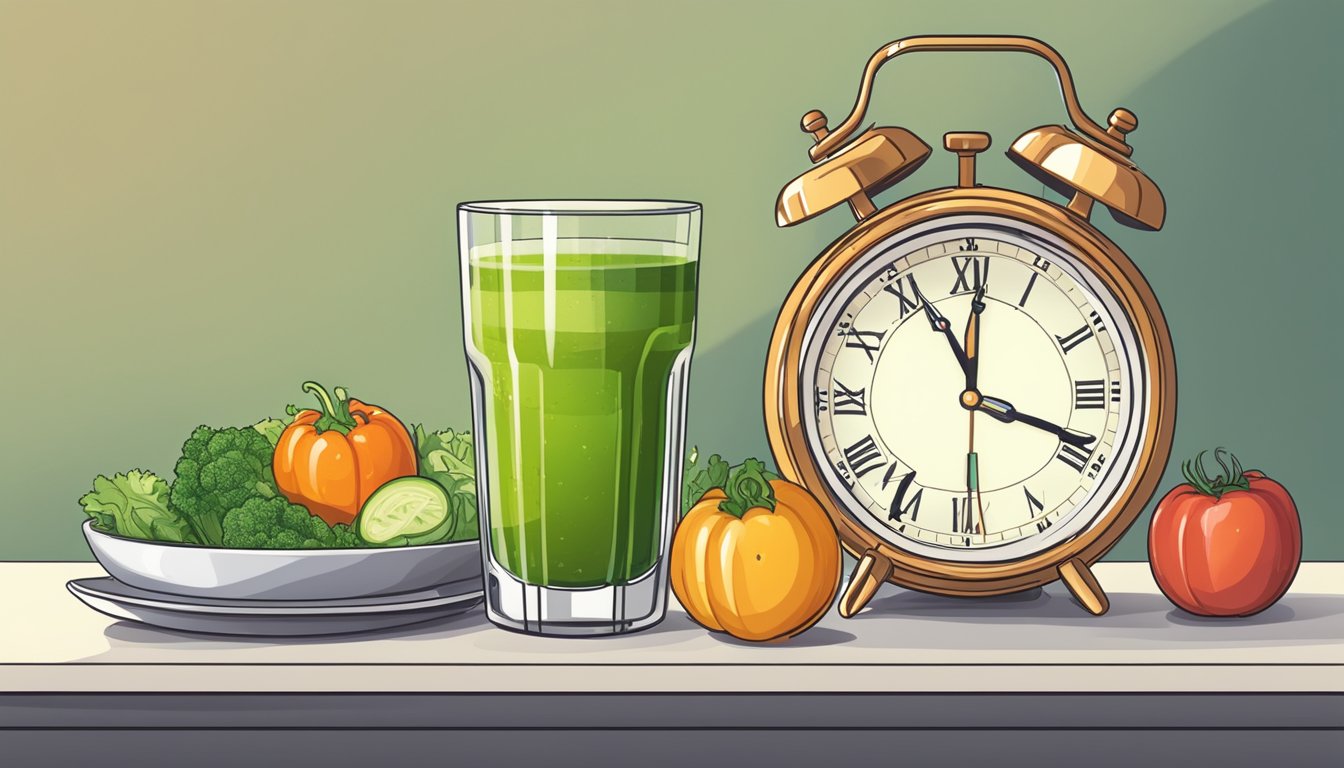 A glass of vegetable juice sits next to a clock showing the time for intermittent fasting