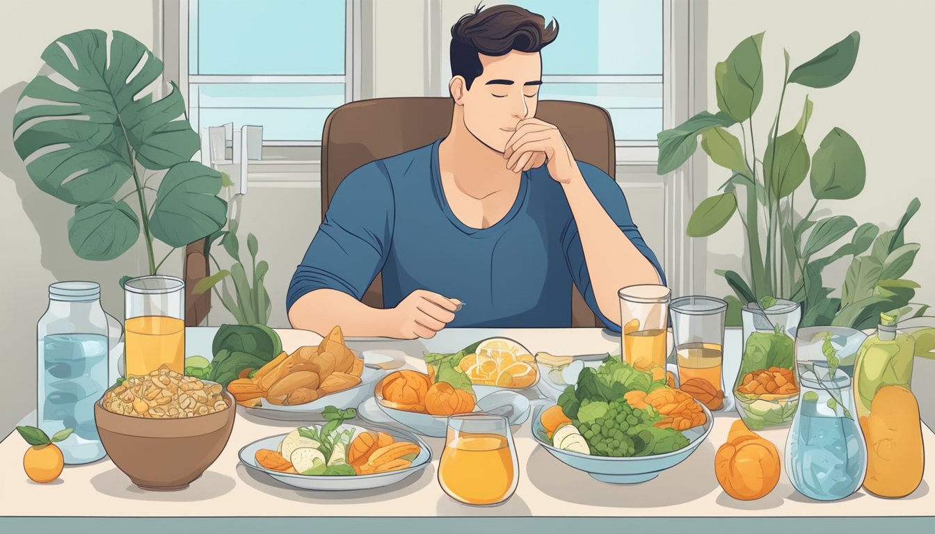 A person sitting at a table with a glass of water, surrounded by various foods and a clock, indicating the concept of intermittent fasting