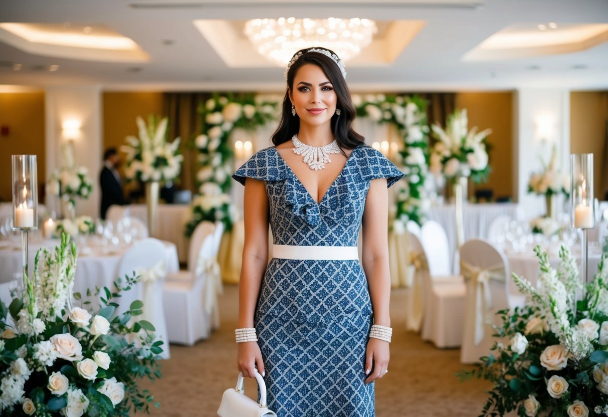 A woman in a patterned dress and white accessories stands in a wedding venue, surrounded by elegant decor and floral arrangements