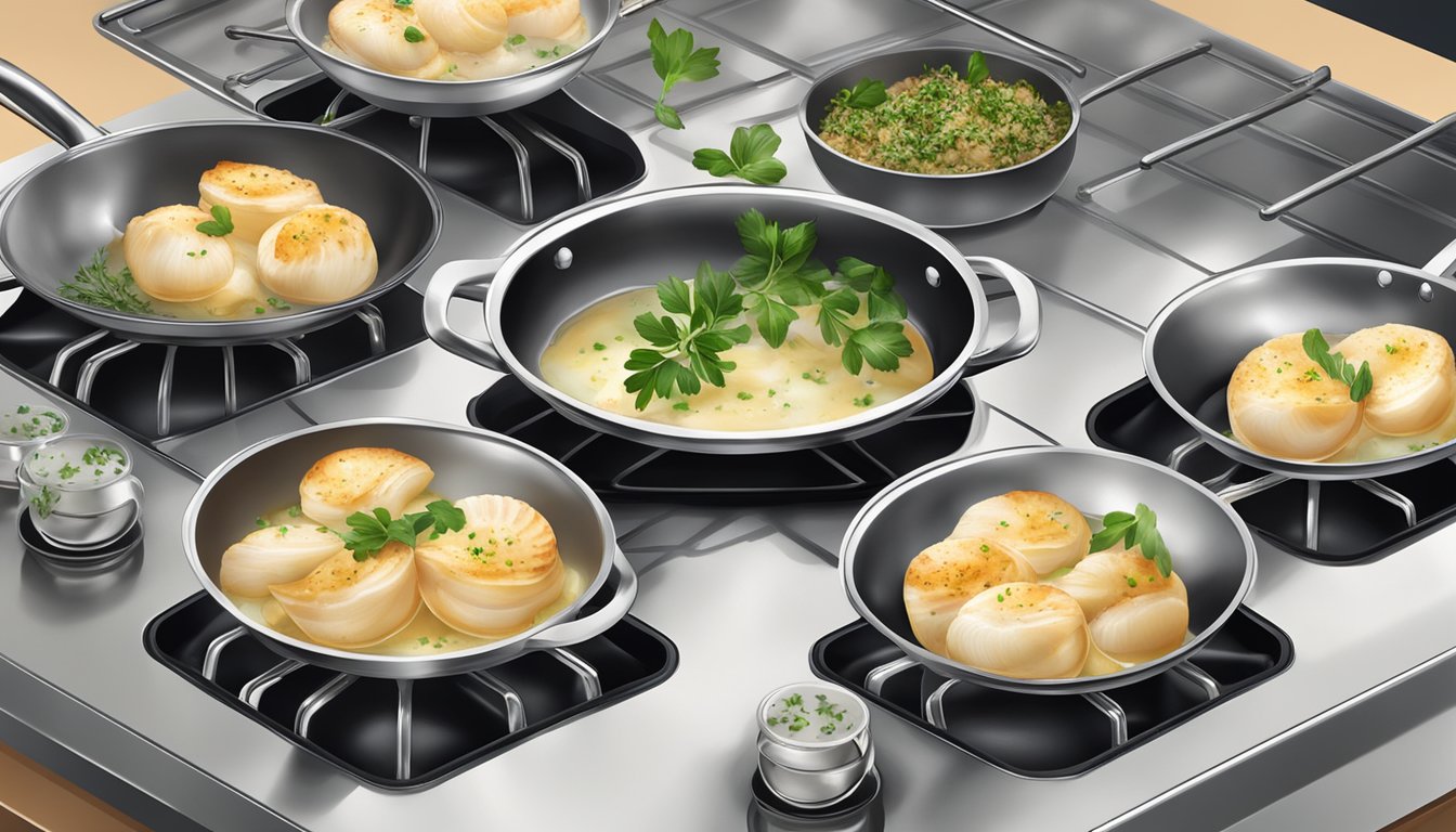 A stovetop with a pan containing reheated coquilles saint jacques, steam rising, and a sprinkle of fresh herbs on top