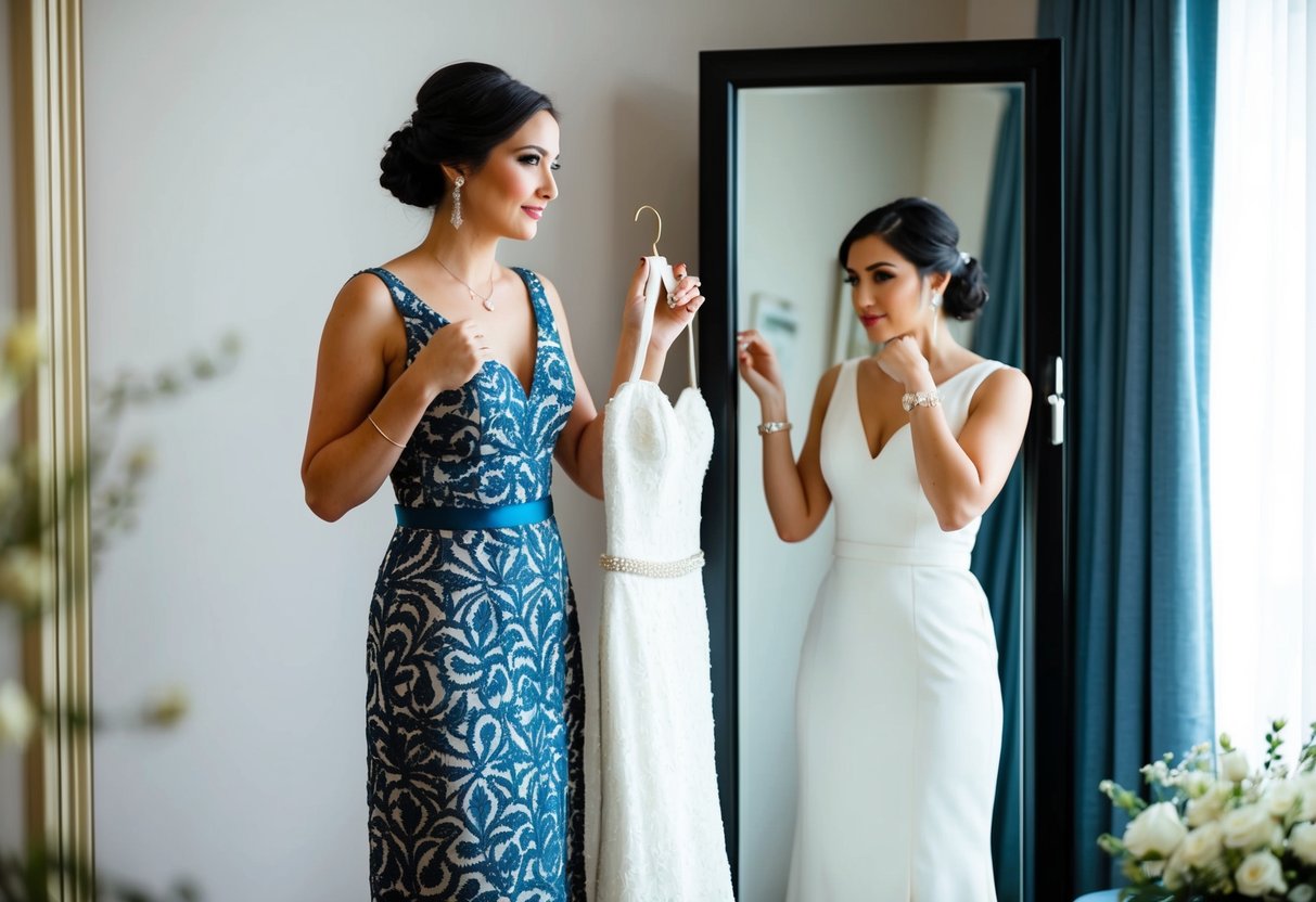 A woman stands in front of a full-length mirror, holding up a patterned dress next to a white one, contemplating her outfit choice for a wedding