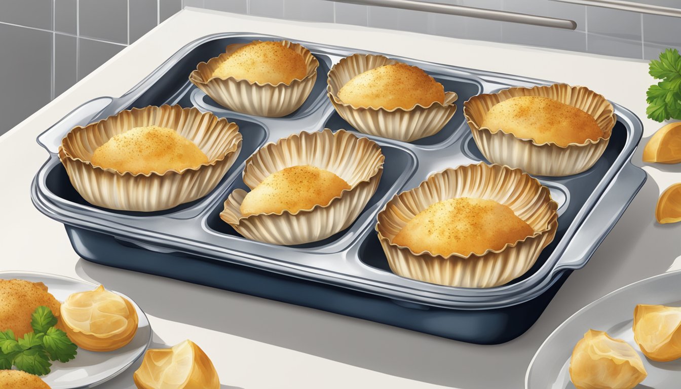 A baking dish with Coquilles Saint-Jacques placed in the oven