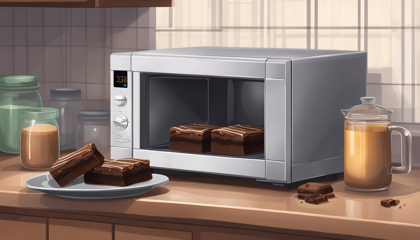 A plate of brownies sits in the microwave, the door closed and the timer set. Steam rises as the chocolatey aroma fills the kitchen