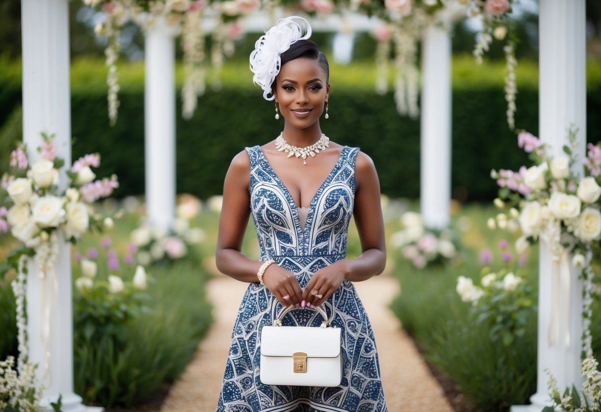 A woman in a patterned dress with white accessories stands in a garden, surrounded by blooming flowers and elegant wedding decor