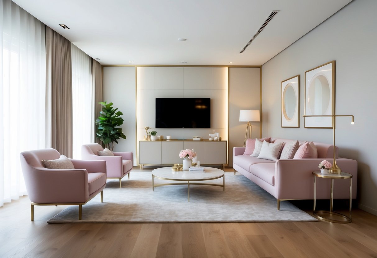 A sleek, modern living room with metallic accents and pastel furniture, highlighted by a neutral color scheme that ties everything together