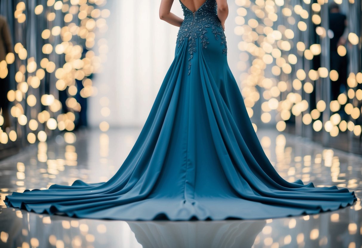 An evening gown cascades gracefully to the ground, pooling around the wearer's feet in a luxurious display of elegance