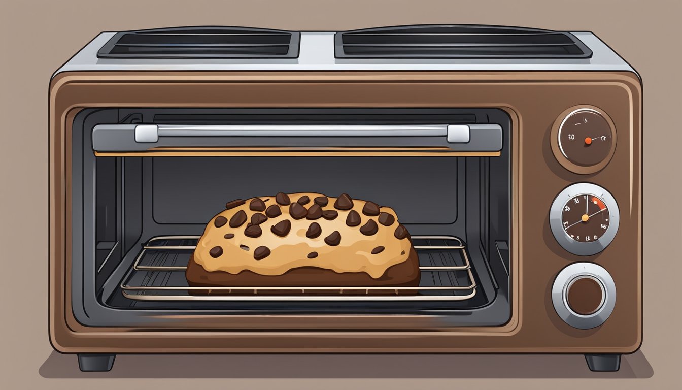 A chocolate brownie placed in the oven, with the temperature dial set to preheat