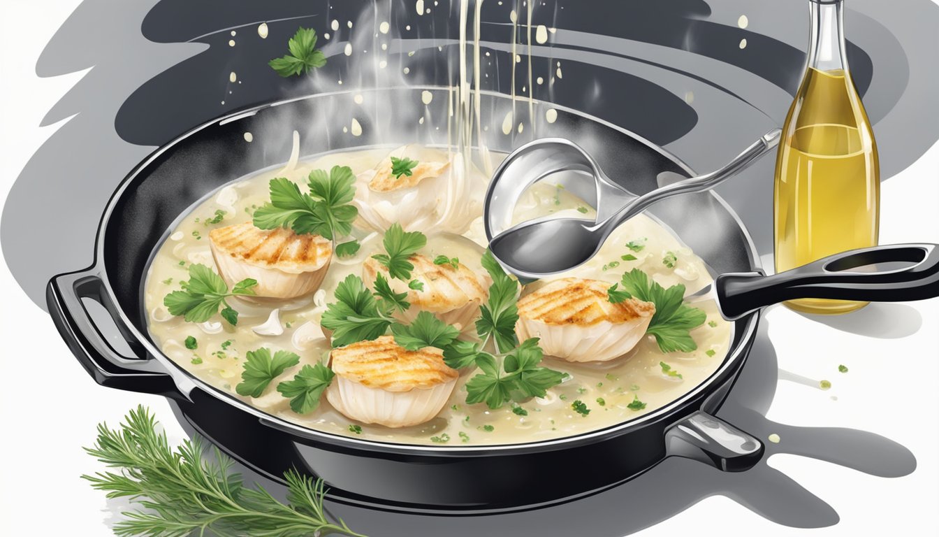 A chef reheating coquilles saint jacques in a skillet, adding a splash of white wine and a sprinkle of fresh herbs for extra flavor